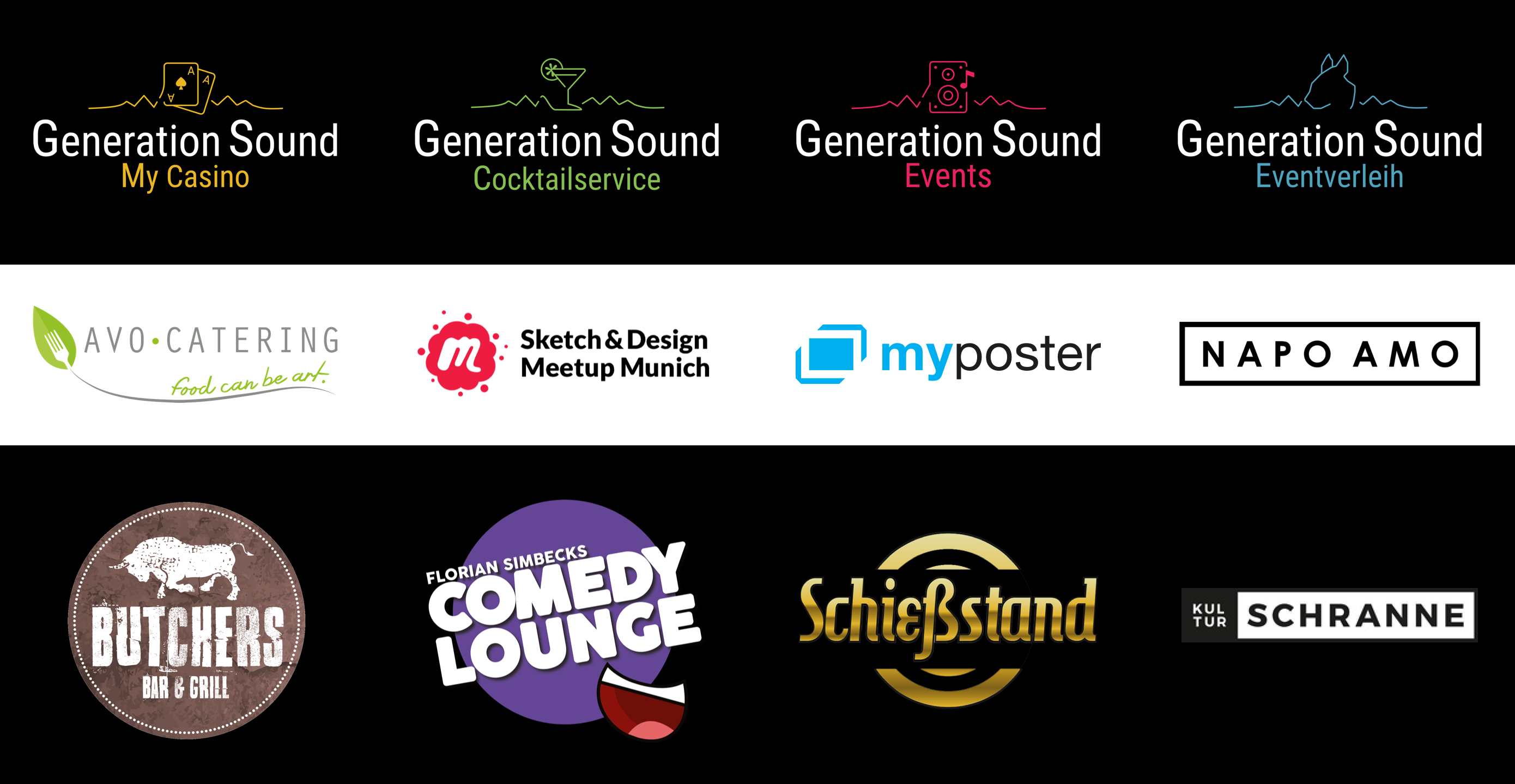 Kooperation mit Generation Sound, Avo-Catering, Sketch & Design Meetup München, Myposter, Napo Amo, Butchers Bar & Grill, Comedy Lounge Dachau, Schießstand, Kulturschranne Dachau